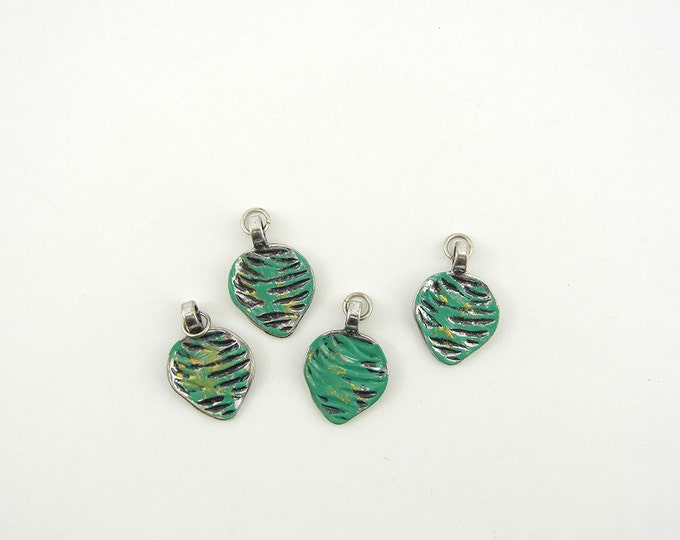 Set of 4 Small Painted Antique Silver-tone Leaf Charms