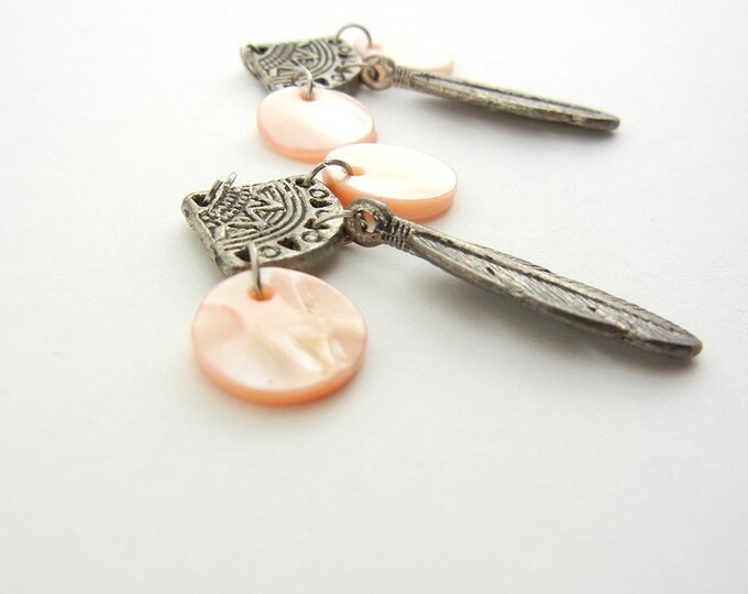 Pair of Antique Silver-tone Feather and Pink Shell Charms