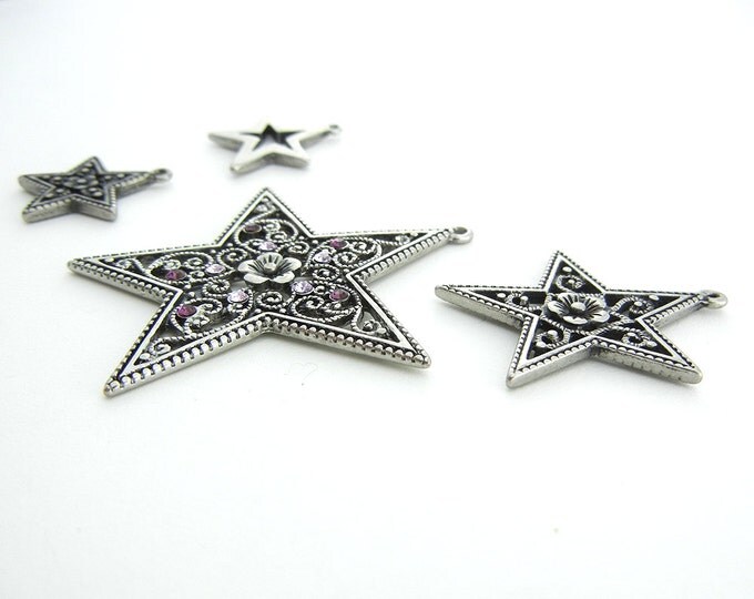 Set of 4 Antique Silver-tone Star Charms