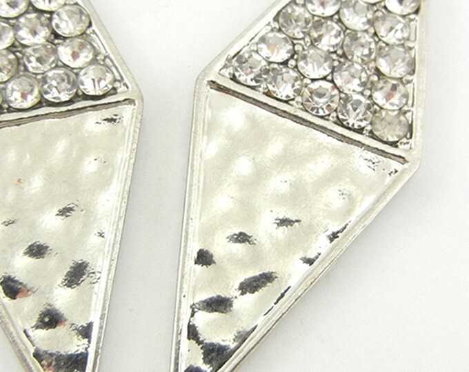 Pair of Diamond Shaped Drop Charms Hammered and Rhinestones