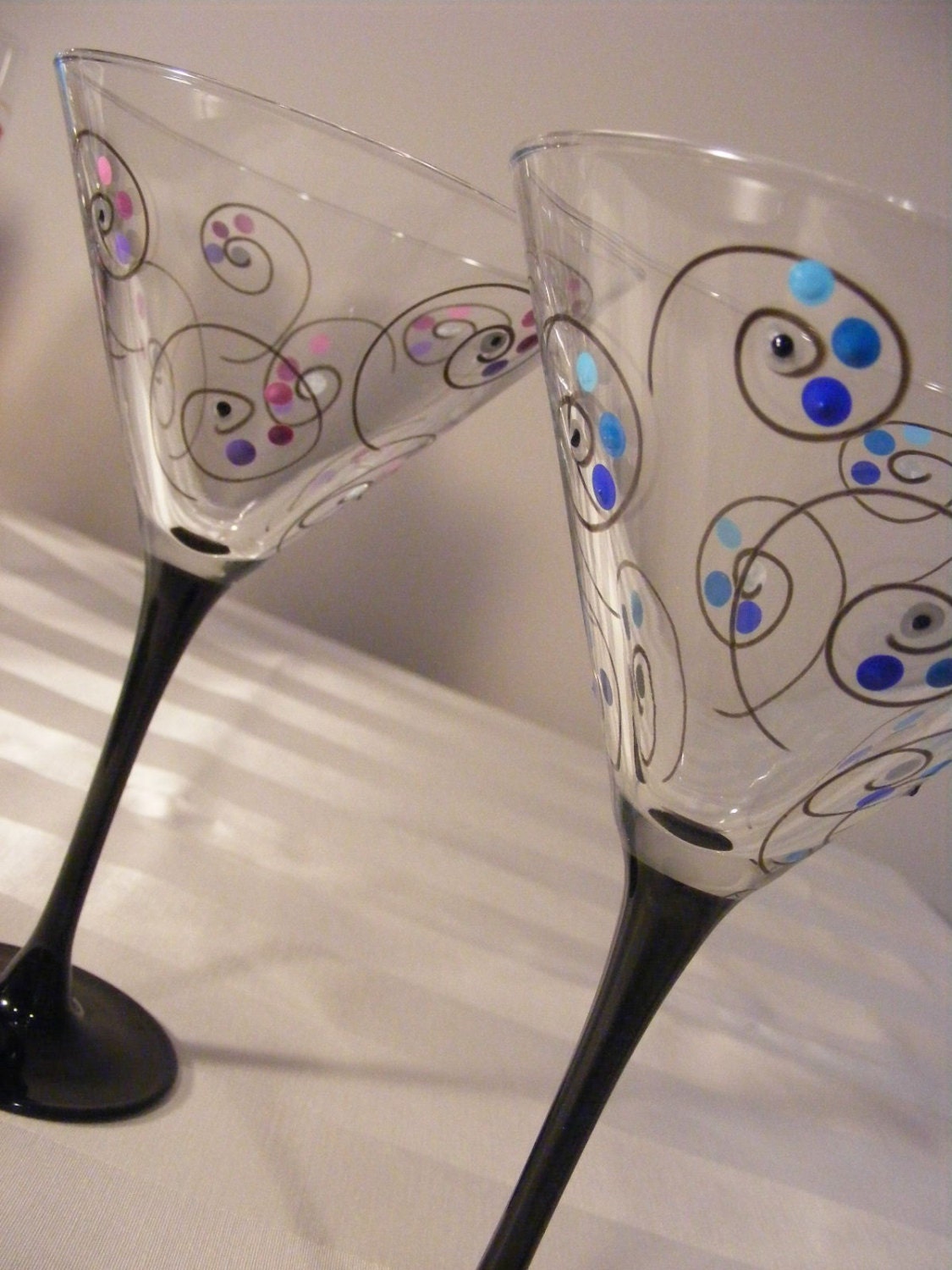 hand painted martini glasses with black stems swirls and