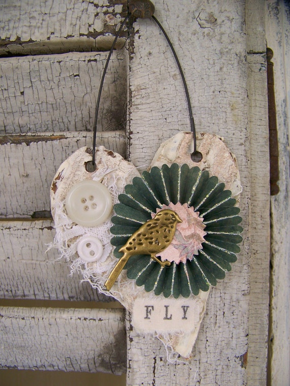 Shabby White Decor  Heart Ornament Vintage Collage Vintage Mixed Media Cottage Style Heart Wall Hanging Antique Paper Heart Ornament