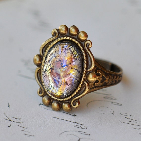 Purple Opal Ring Vintage fire glass opal Adjustable by ElvesGarden