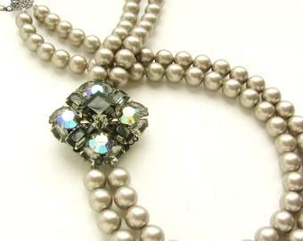 Statement necklace, Bridal necklace, vintage smoky diamond rhinestone brooch, Swarovski platinum pearl necklace, luxury gift for her