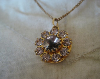 Flower Purple Gold Necklace Rhinestone Vintage Pendant