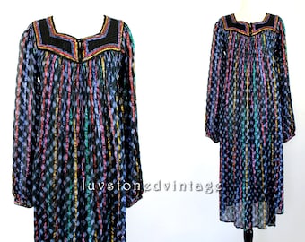 70s Vintage Indian Tie Dye Ethnic Boho Hippie Cotton Gauze Metallic Lurex India Gypsy Festival Maxi Dress . SML . 837.6.6.14