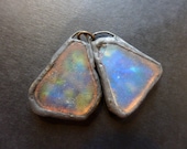 Shimmer beach glass earring pair with solder and flash. Faux Roman glass. 8