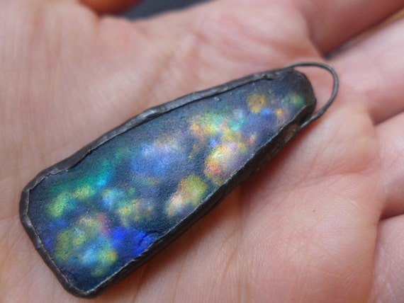 Cosmic beach glass charm pendant with glowing iridescence. Rustic handmade artisan jewelry. 16
