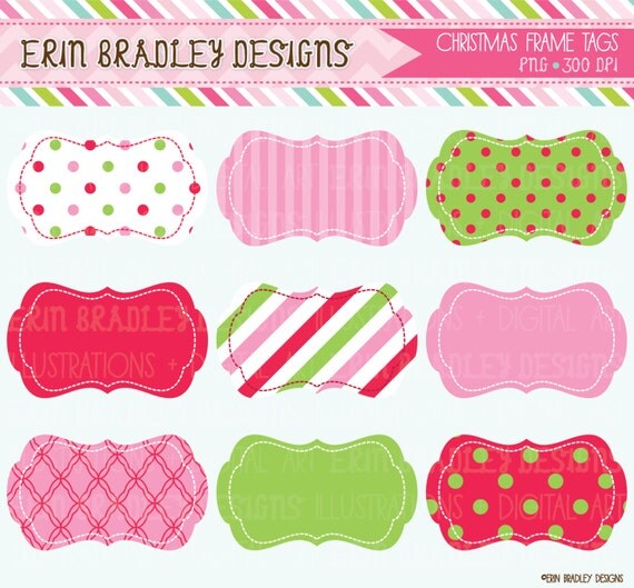 Commercial Use Christmas Tags Clipart Pink Red Green Polka Dots and Stripes Digital Clip Art Frames Il_570xn