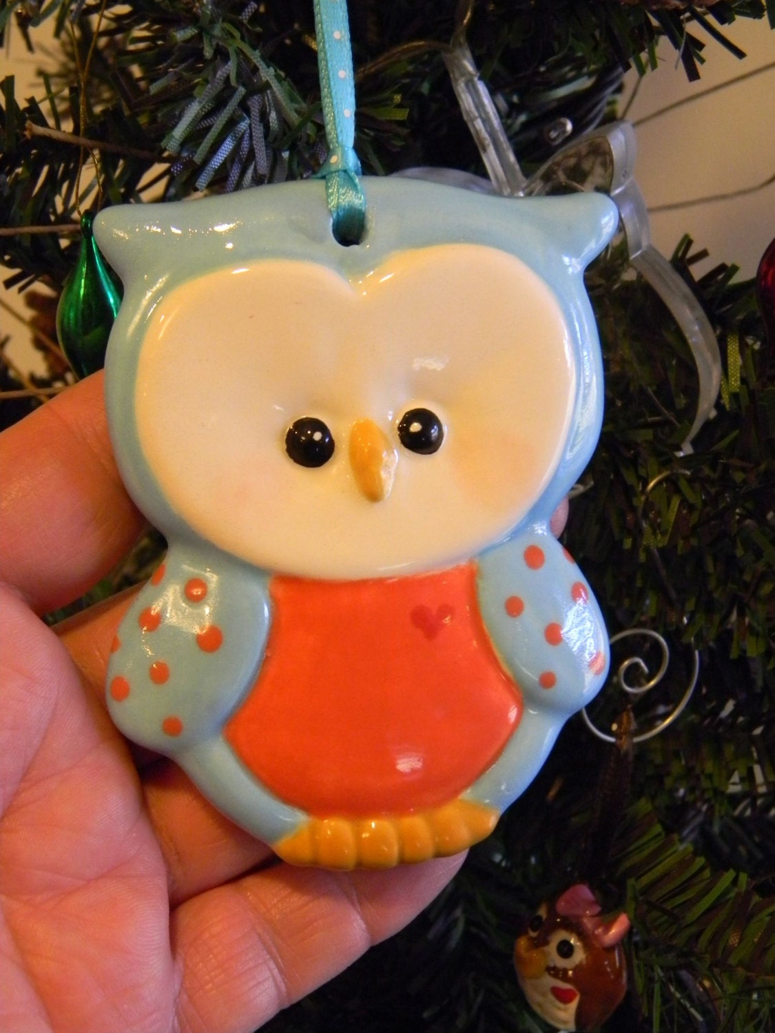 Owl Christmas Ornament Ceramic Glazed by EnchantdMushroomLand