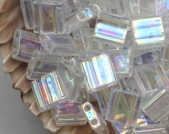 5 Or More Grams Clear Two Hole Tila Beads Crystal AB # 250 5mm Genuine Miyuki Tila Two Hole Aurora Borealis White Wedding Colors Flat Glass