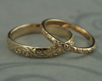 Patterned Wedding Band Set-Vintage Style Wedding Rings-His and Hers Set-Antique Style Rings-14K Gold Rococo Flourish Set-His and Hers Bands
