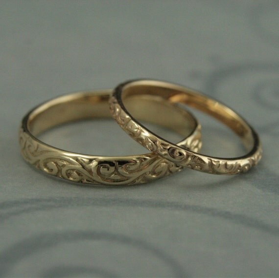 Patterned Wedding Band Set Vintage Style Wedding Rings His And   Il 570xN.652581886 Ofox 