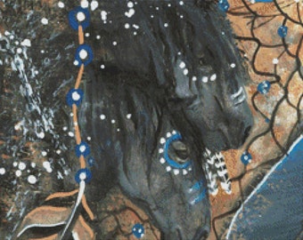 Cross stitch kit by AmyLyn Bihrle Majestic Horse,DREAM CATCHING, Spirit War Paint Pinto Pony Feathers - Black Mustang