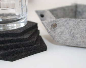 Coasters with Holder Coaster Set, Gift for Couple Geometric Hexagon 5mm Thick Merino Wool Felt with 3mm Thick Felt Bowl