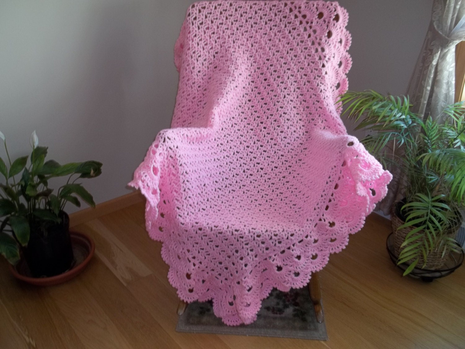 Crocheted Lacy Pink Afghan Blanket Throw by TheNeedleHouse on Etsy