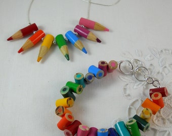 Necklace and Bracelet Jewelry Set - Colored Pencil - Beaded Necklace - Teacher - Teacher Gift - Pencil - Multi Color Rainbow