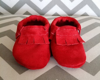 Size 2, 6-9 month Red Suede Baby Moccasins