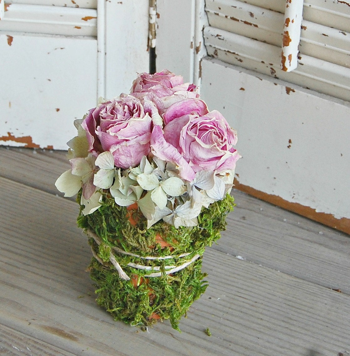 Dried Pink Roses / Spring Dried Flower Moss Pot / Shabby