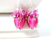 Fuchsia Flower Earrings, Crystal Earrings, Floral Earrings, Lampwork Earrings, Hot Pink Earrings, Floral Jewelry, Tulip Earrings - Fuchsia