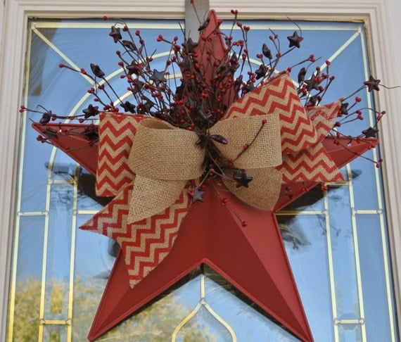 18" Americana Patriotic Rustic Red Star Pocket with Burlap Chevron ribbon and Star berry picks,Metal Star Pocket,Star Pocket Floral