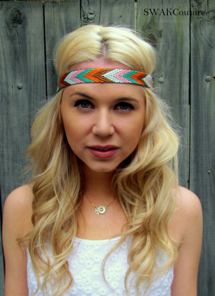 Thin Stretch Headband Chevron Arrow Headband Pink by SWAKCouture