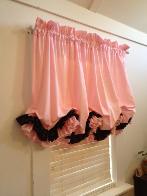 Pink Double Ruffle Balloon Curtain with Chocolate Brown Second
