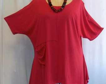 Coco and Juan, Lagenlook, Women’s Plus Size Top, Cold Shoulde,r Cotton Knit, Angled Tunic Top, Watermelon Red, One Size Bust to 58 inches