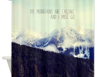 Mountain Shower Curtain,landscape, typography,mountains,aqua home decor,nature,scenic,bathtub,snow