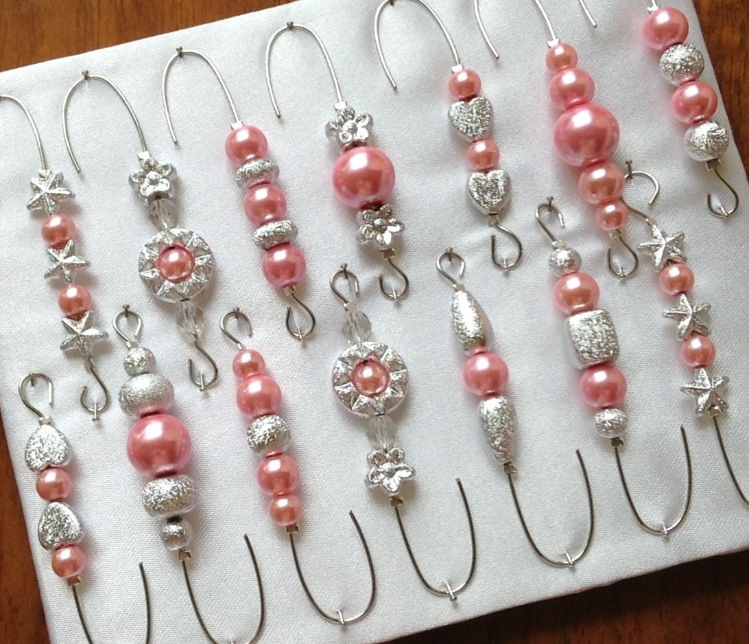 Beaded Ornament Hanger Hooks Silver and Pink Pearls on