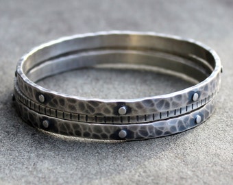 Silver Bangle - Stacking Bangles - Sterling Silver Bangles - Hammered Silver Bangles - Heavy Stacking Bangles - Set of Silver Bangles