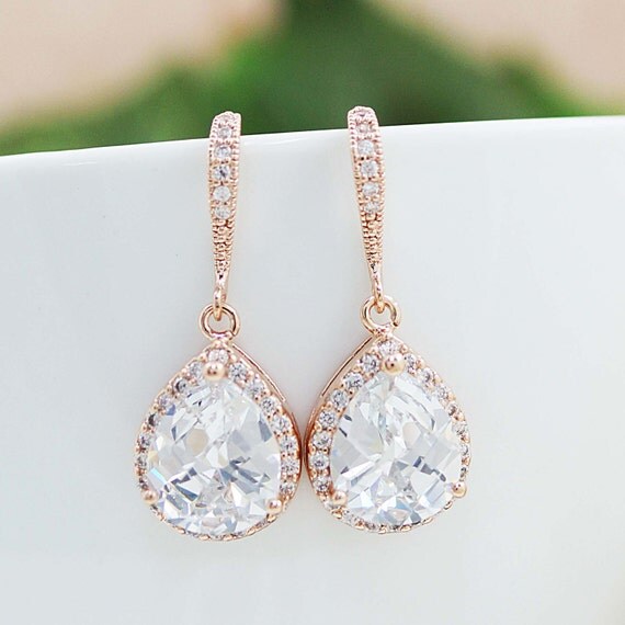 Boucles D'oreilles Goutte En Or Rose - Perle Crème Et Cristal - Fait Main - Parfaites Pour Mariage