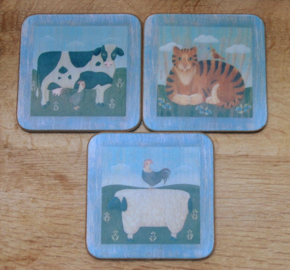 6 Country coasters blue w Rooster theme farm animals