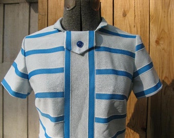 Vintage 1960s Light Blue/Aqua Blue Striped Dress with Tab Collar
