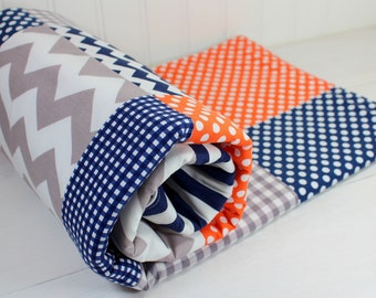 Baby Boy Blanket, Nursery Decor, Photography Prop, Minky Blanket, Crib Blanket, Chevron Nursery, Navy Blue, Orange,Warm Gray, Grey Chevron