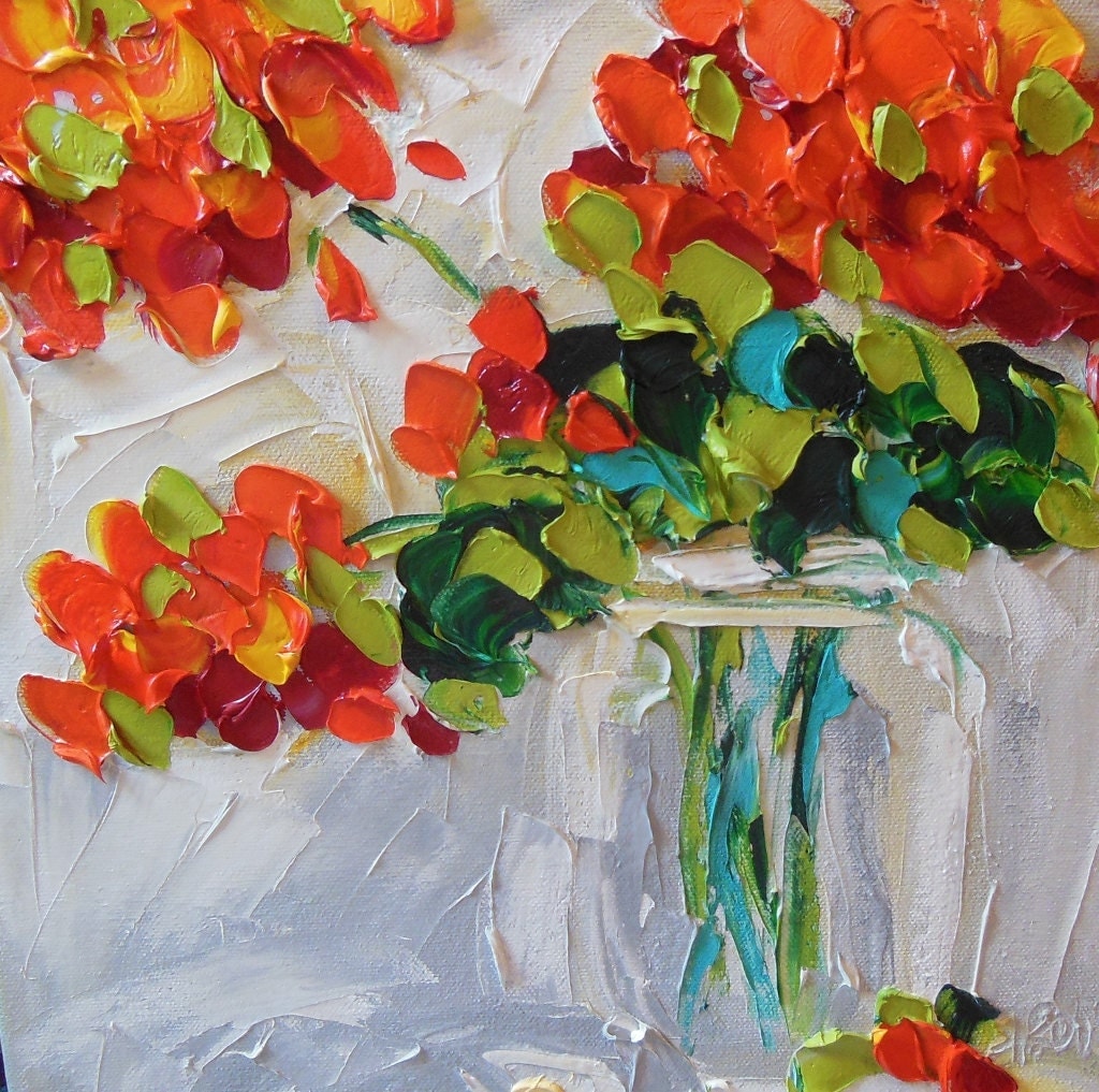 Original Oil Painting Bright Red Geraniums Impasto Palette