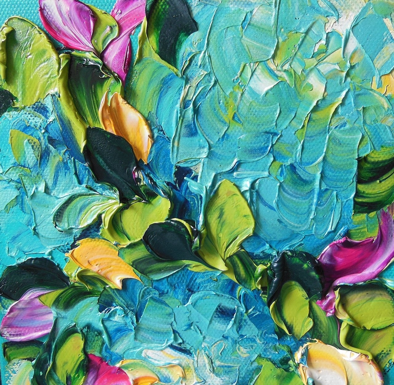 Original Oil Painting Fine Art Impasto Blue Hydrangeas Jan