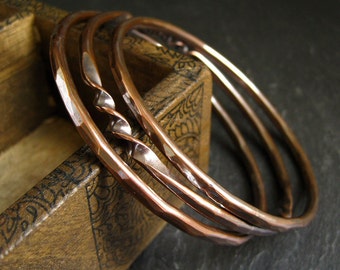 Copper bangle bracelets, stacking bangles, twisted copper, hammered copper bracelets, copper wedding anniversary gift, metalwork jewelry