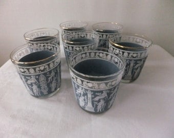 Vintage Jeannette Corinthian Blue Drinking Glasses Set of 7 Highball Retro Roman Greek
