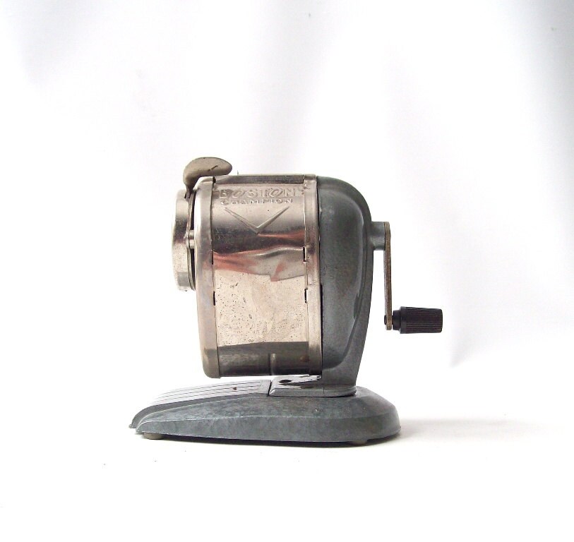 vintage blue boston pencil sharpener table mounted hand crank