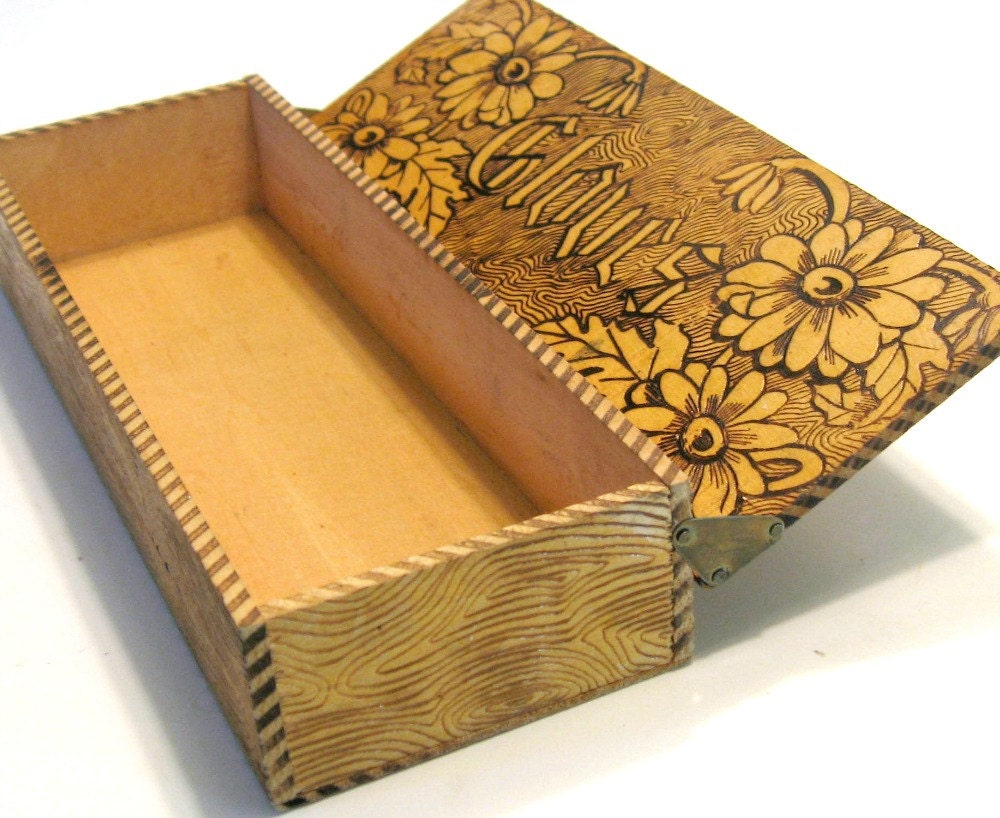 Antique Glove Box, Pyrography Decorated Glove Box, Wood Burned Glove