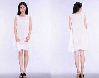 white cotton linen irregular hem dress