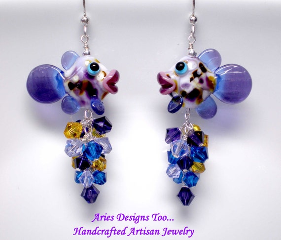 Kissing  Fishies....Fish Lampwork Earrings in Purple, Yellow,Capri Blue and Violet.