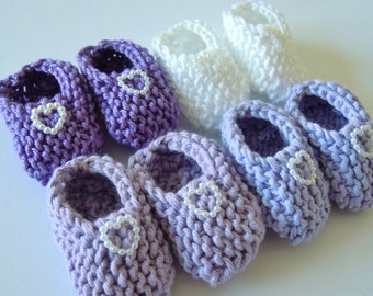 Girl baby shower decorations: 4 pairs of hand knitted baby mini booties with pearlised hearts - purple/ lilac/ lavender/ white 2 inches