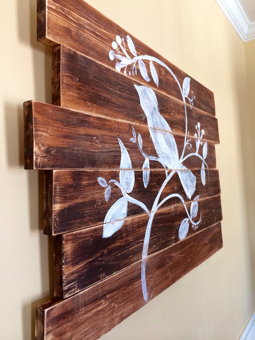 Hand Painted Bird Art Distressed Wood Art Bird on Branch