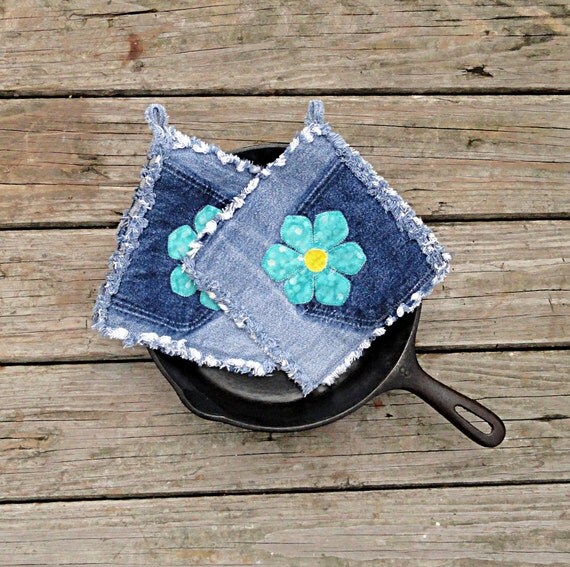 Items similar to Blue Jean Potholders Turquoise Flower Power Hotpads