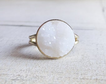 Snow white gold ring, white faux druzy ring,white ring, round white faux druzy gold ring, adjustable gold ring,cocktail ring,gift for her