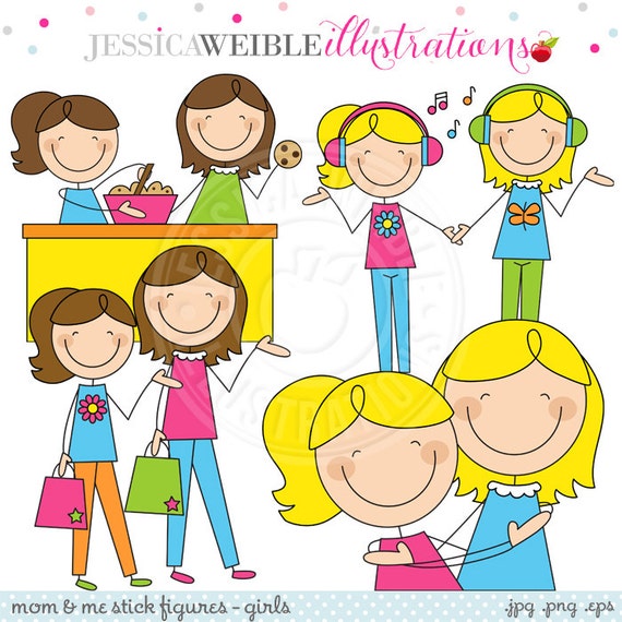 Mom and Me Stick Figures Girls V1 Cute Digital Clipart for Invitations, Card Design, Scrapbooking, and Web Design, Mothers Day Clipart Il_570xn