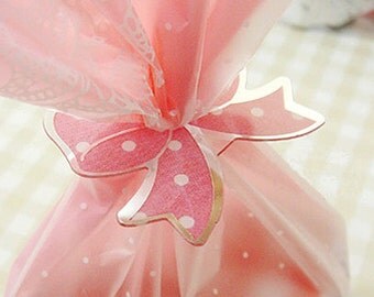 10 Clear Ties - Polka Dot Ribbon Pink (1.8 x 1.4in)