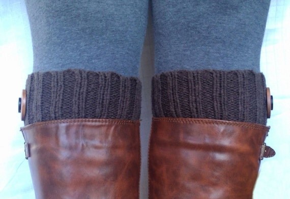 Boot Cuffs / Sock Tops Chunky Brown Knit with Stacked Wooden